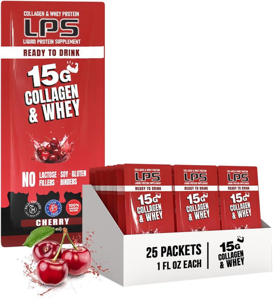 Non-GMO Cherry LPS Liquid Collagen & Whey Protein Supplement - Sugar-Free Drink for Healthy Skin & Hair - 25 Single Serve Packets, Men & Women.