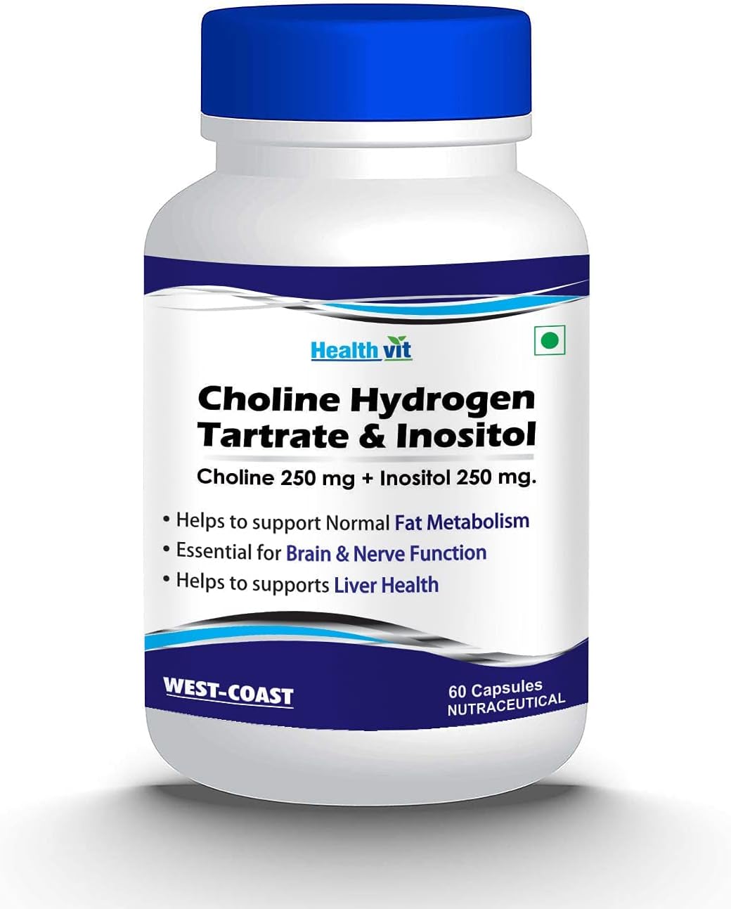 Non-GMO Choline Hydrogen Tartrate & Inositol Capsules - 250mg for Energy Metabolism, Liver & Brain Health - Vegan, Gluten-Free - 60 Count
