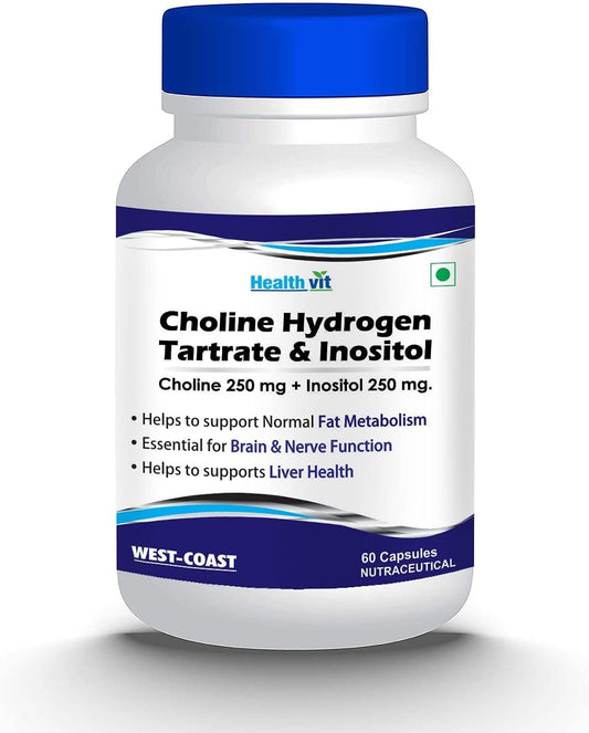 Non-GMO Choline Hydrogen Tartrate & Inositol Capsules - 250mg for Energy Metabolism, Liver & Brain Health - Vegan, Gluten-Free - 60 Count