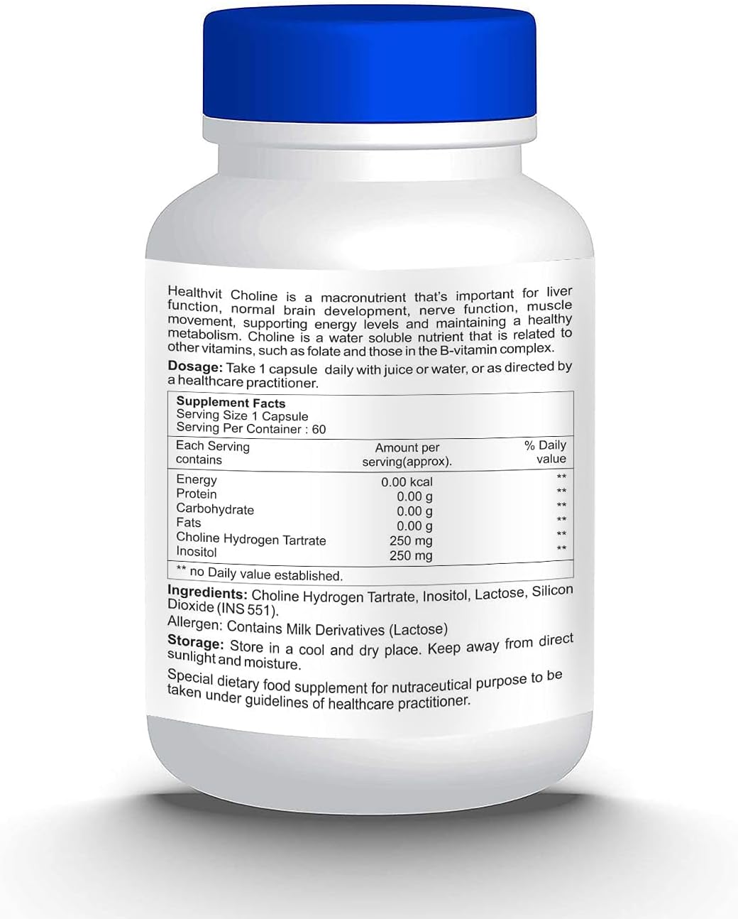 Non-GMO Choline Hydrogen Tartrate & Inositol Capsules - 250mg for Energy Metabolism, Liver & Brain Health - Vegan, Gluten-Free - 60 Count