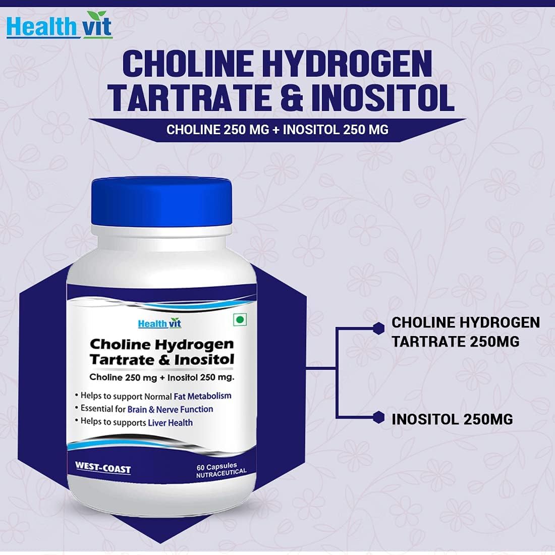 Non-GMO Choline Hydrogen Tartrate & Inositol Capsules - 250mg for Energy Metabolism, Liver & Brain Health - Vegan, Gluten-Free - 60 Count