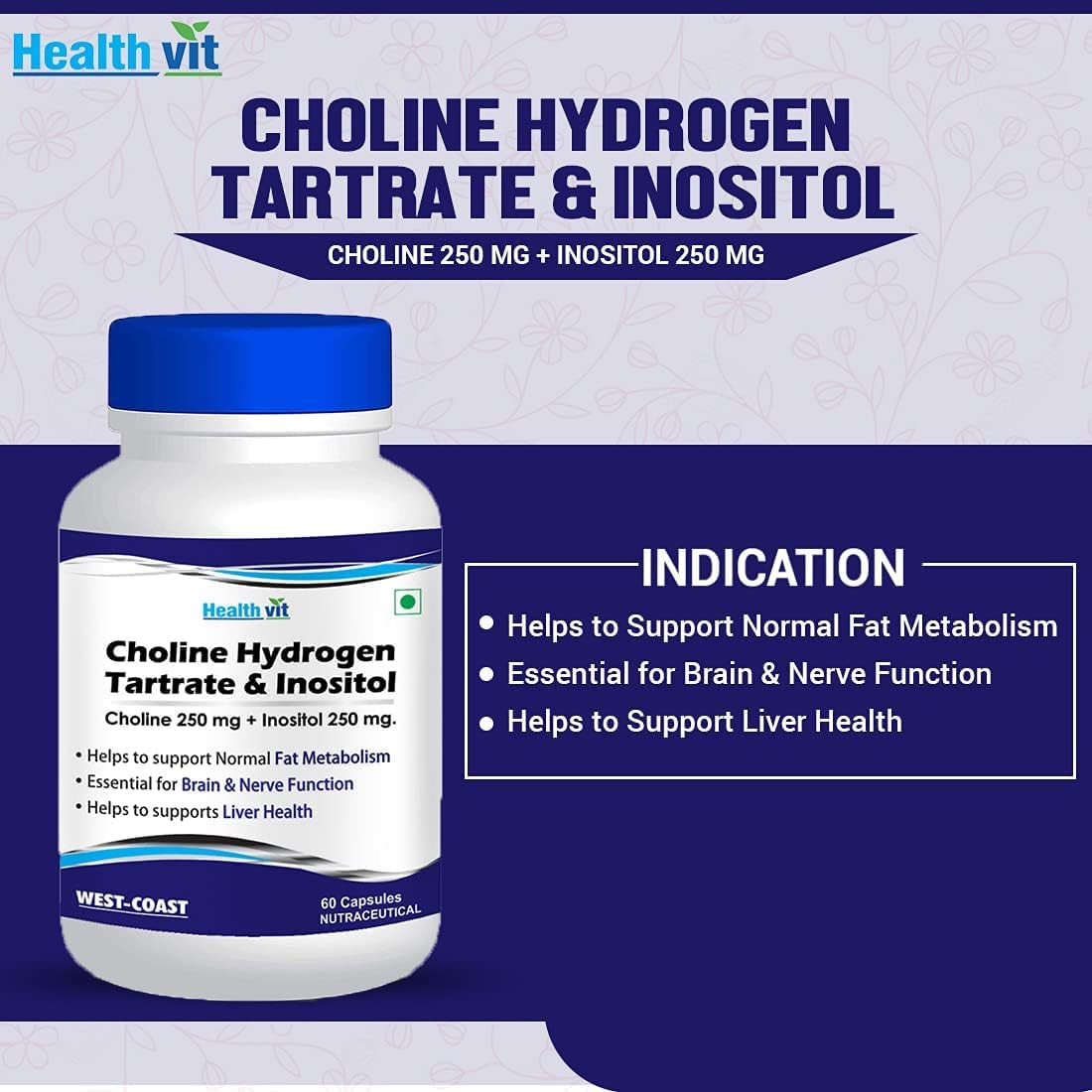 Non-GMO Choline Hydrogen Tartrate & Inositol Capsules - 250mg for Energy Metabolism, Liver & Brain Health - Vegan, Gluten-Free - 60 Count