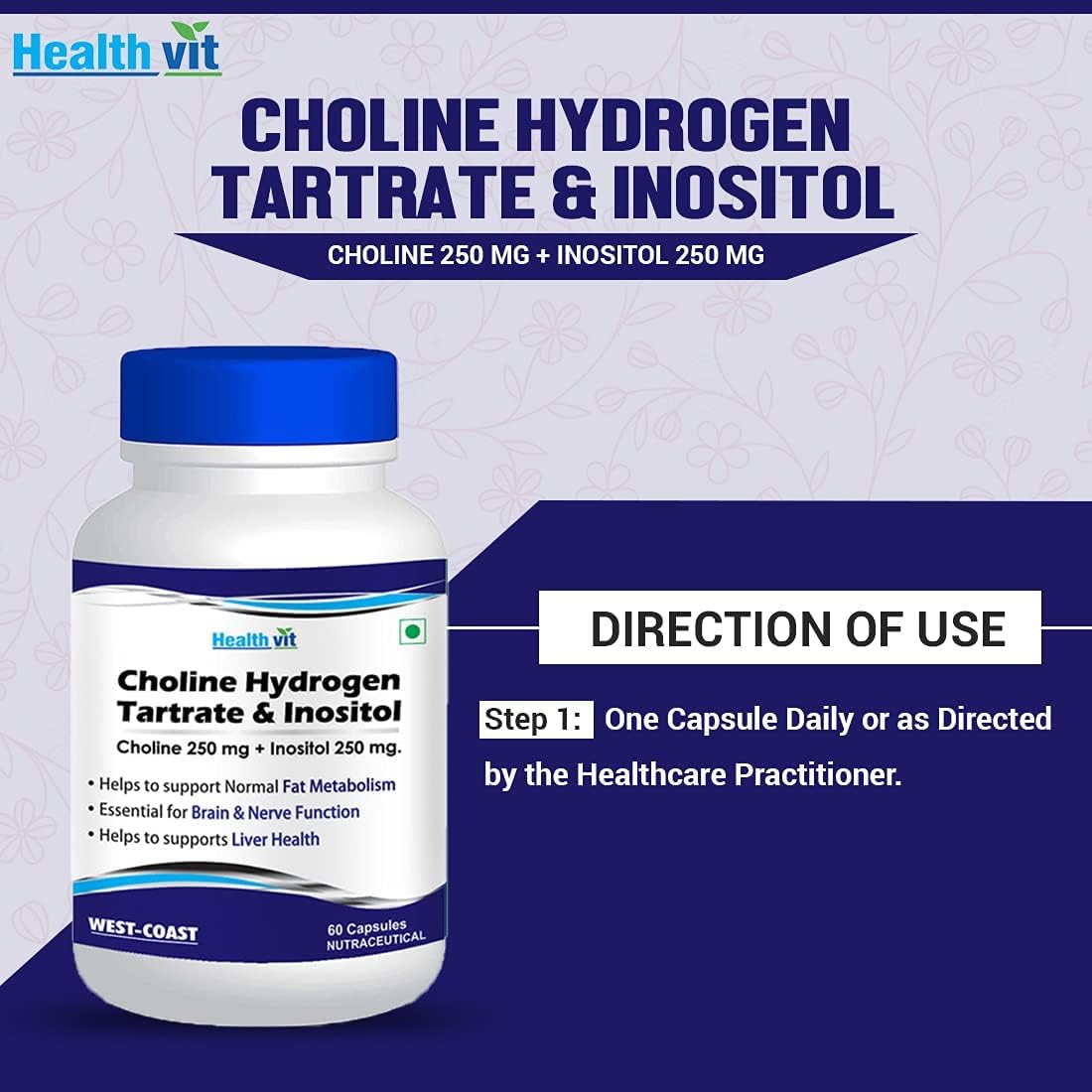 Non-GMO Choline Hydrogen Tartrate & Inositol Capsules - 250mg for Energy Metabolism, Liver & Brain Health - Vegan, Gluten-Free - 60 Count