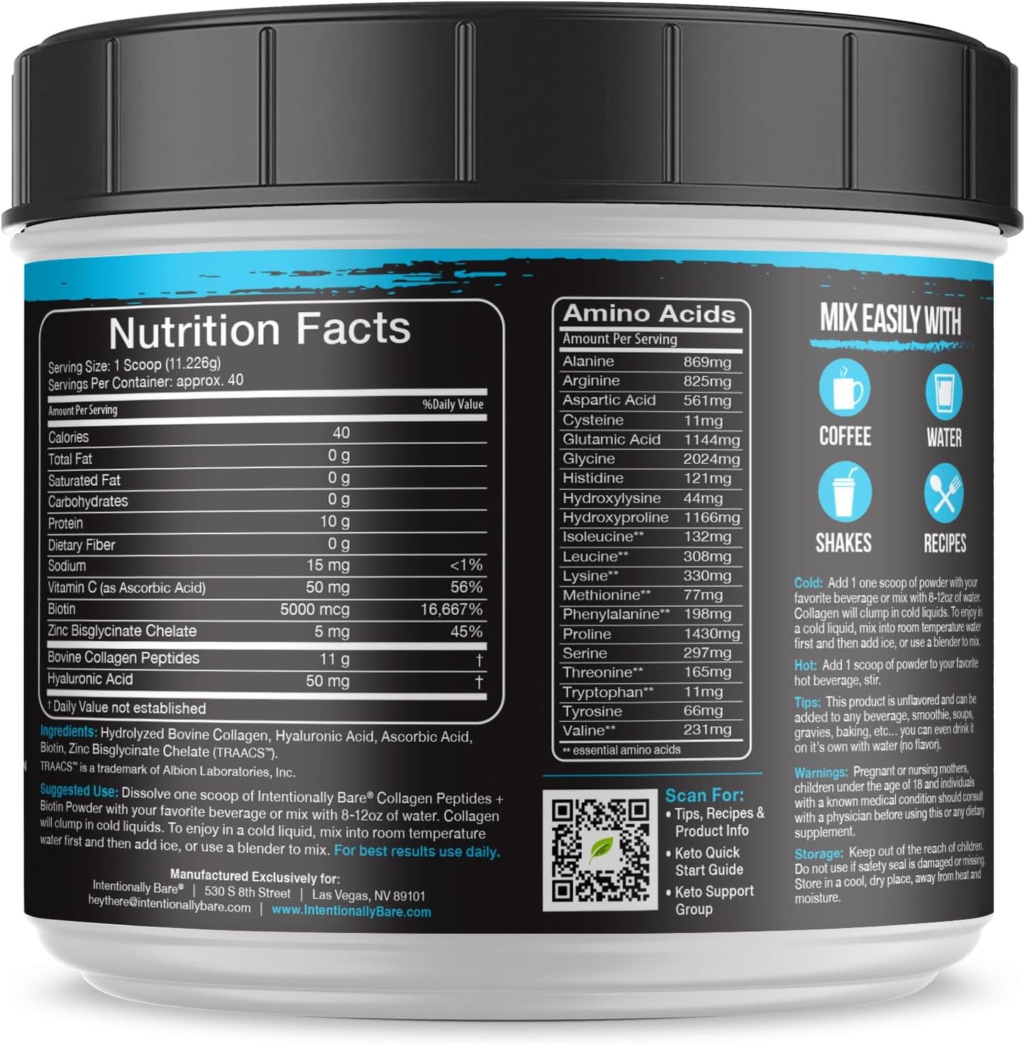 Non-GMO Collagen Peptides Powder with Biotin & Hyaluronic Acid - 10g Protein - Keto-Friendly - Unflavored - 40 Servings