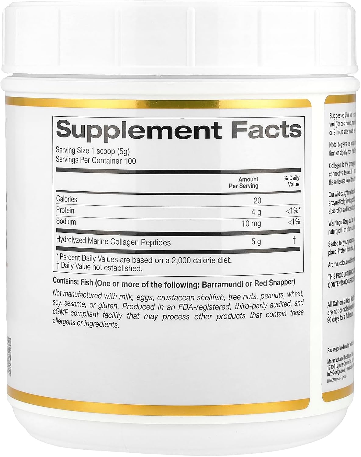 Non-GMO Collagen Peptides Powder with Hyaluronic Acid for Hair, Skin, Nails, Joints, Bones - California Gold Nutrition - 17.64 oz
