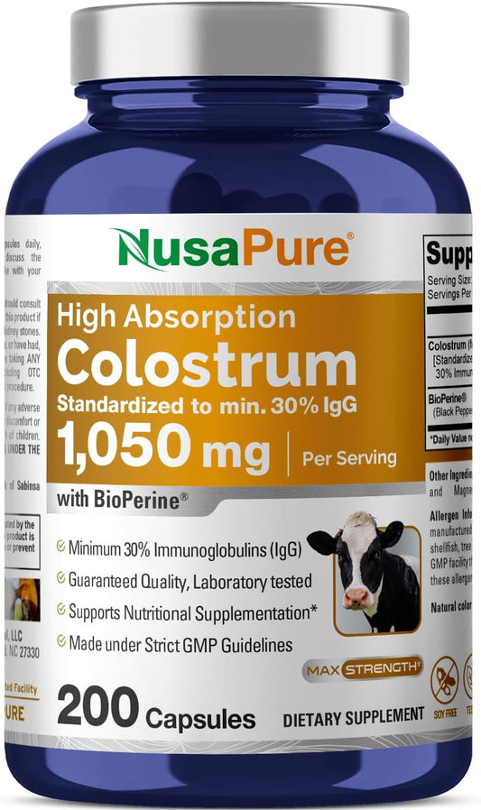 Non-GMO Colostrum 1050mg with 30% IgG and Bioperine - 200 Capsules Soyfree by NusaPure
