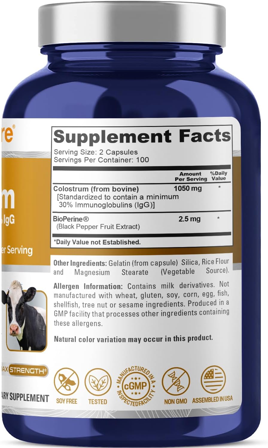 Non-GMO Colostrum 1050mg with 30% IgG and Bioperine - 200 Capsules Soyfree by NusaPure