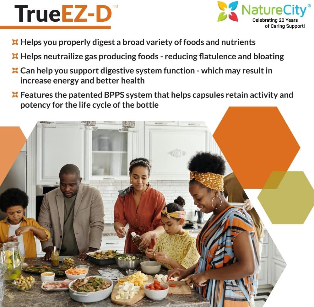 Non-GMO Digestive Enzyme Complex Supplement for Bloating Relief (90 Veggie Capsules) - NatureCity True-EZ-D Super Enzymes for Men and Women