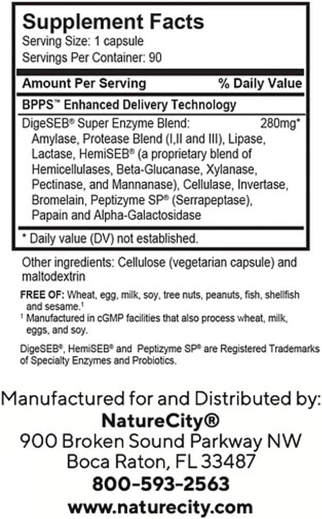 Non-GMO Digestive Enzyme Complex Supplement for Bloating Relief (90 Veggie Capsules) - NatureCity True-EZ-D Super Enzymes for Men and Women