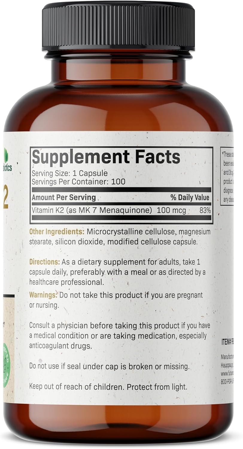 Non-GMO Futurebiotics Vitamin K2 MK-7 100mcg - 100 Veg Caps - Bone Health Support