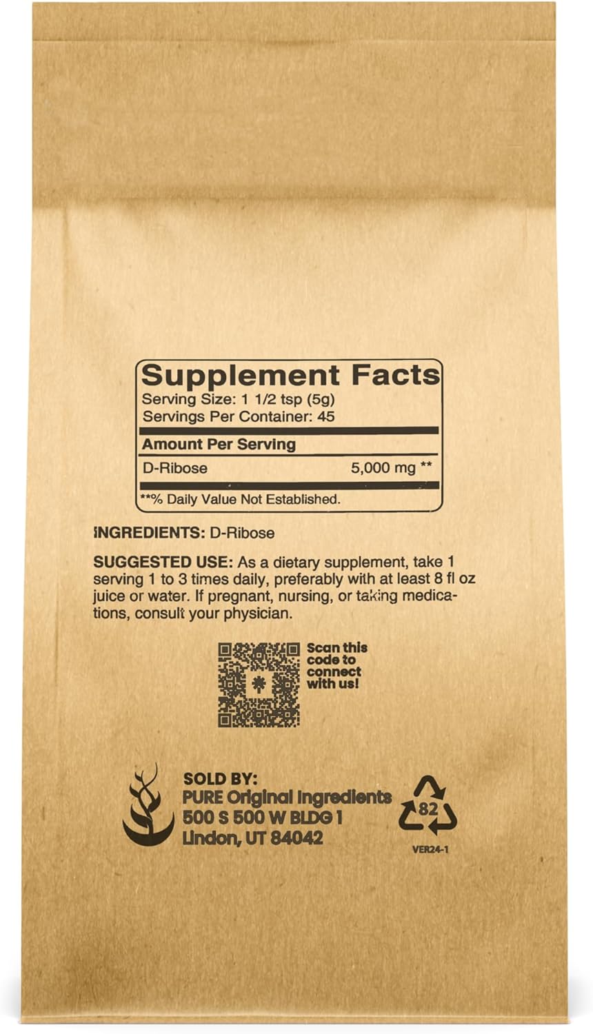 Non-GMO Gluten-Free D-Ribose Nutritional Supplement with Pure Original Ingredients in Unflavored 8oz Bottle