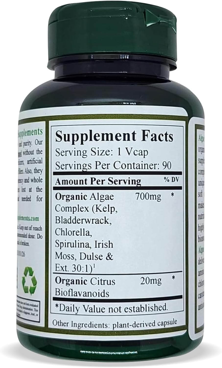 Non-GMO Green Organic Supplements with Algae, Fucoidan, Kelp, Chlorella, Spirulina - 90 VCaps, High Absorbable, Gluten-Free - Single Pack