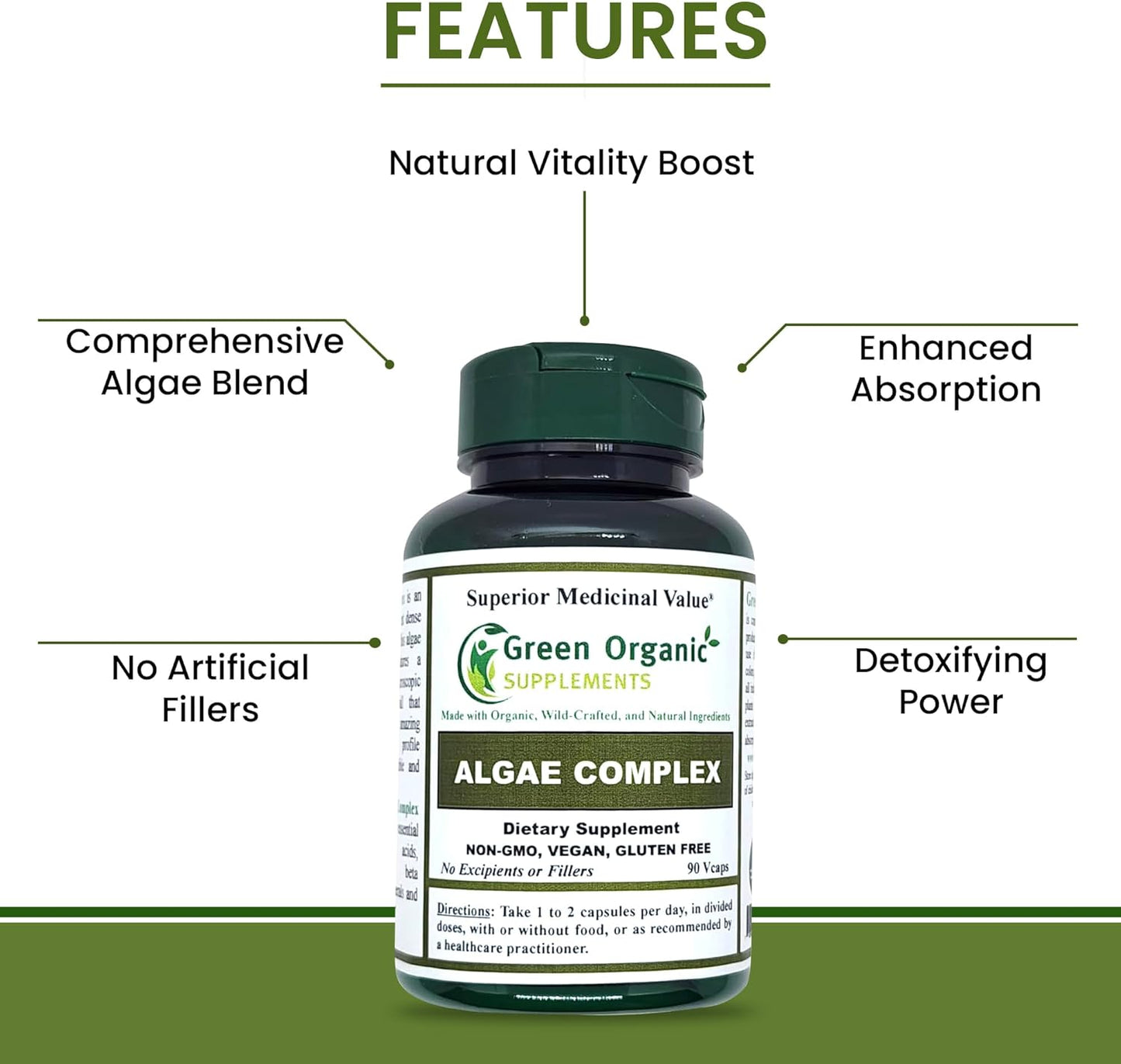 Non-GMO Green Organic Supplements with Algae, Fucoidan, Kelp, Chlorella, Spirulina - 90 VCaps, High Absorbable, Gluten-Free - Single Pack