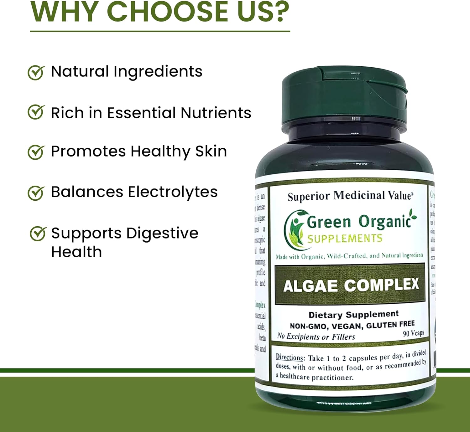 Non-GMO Green Organic Supplements with Algae, Fucoidan, Kelp, Chlorella, Spirulina - 90 VCaps, High Absorbable, Gluten-Free - Single Pack
