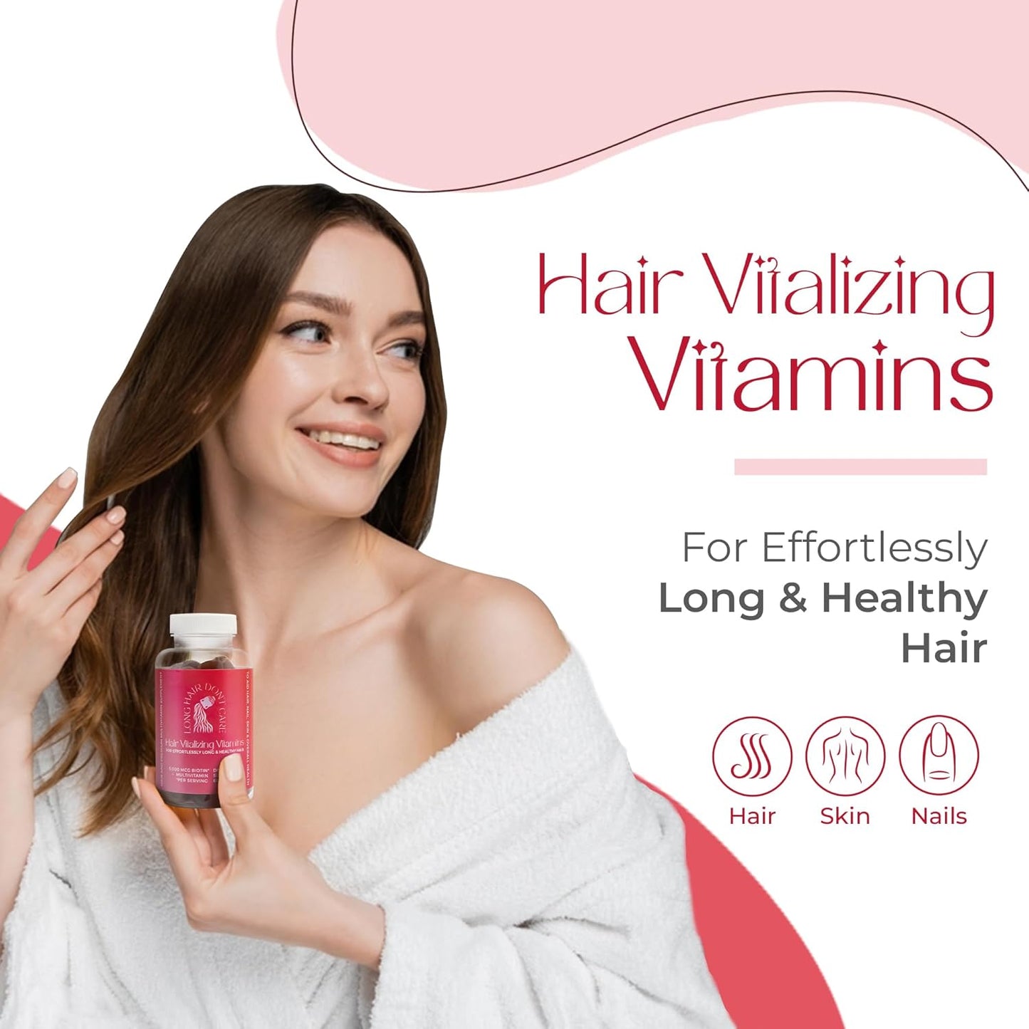 Non-GMO Long Hair Vitamins with Pantothenic Acid, Folic Acid, Biotin - Hair, Skin, and Nails Gummies for Women and Men - 60 Count