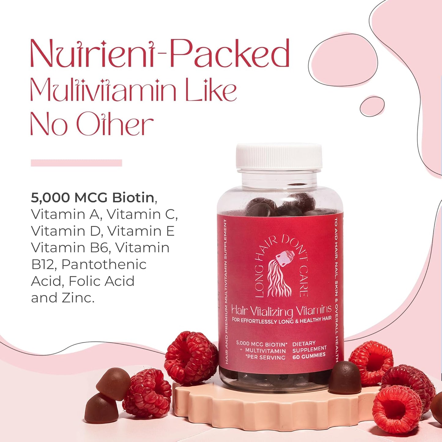 Non-GMO Long Hair Vitamins with Pantothenic Acid, Folic Acid, Biotin - Hair, Skin, and Nails Gummies for Women and Men - 60 Count