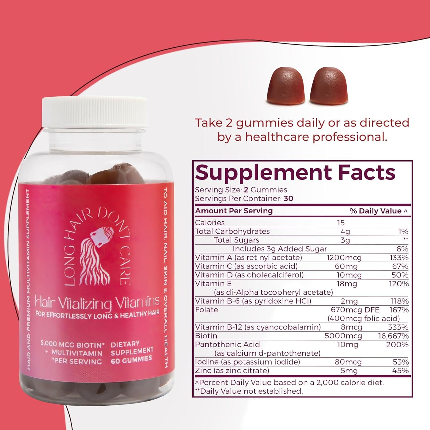 Non-GMO Long Hair Vitamins with Pantothenic Acid, Folic Acid, Biotin - Hair, Skin, and Nails Gummies for Women and Men - 60 Count