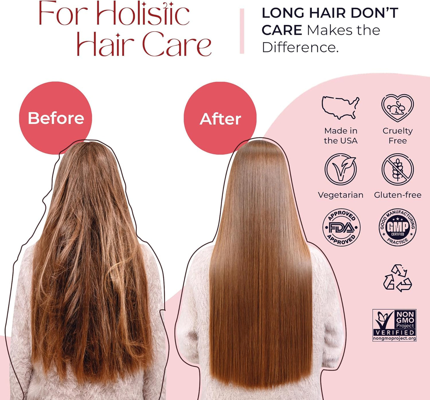 Non-GMO Long Hair Vitamins with Pantothenic Acid, Folic Acid, Biotin - Hair, Skin, and Nails Gummies for Women and Men - 60 Count