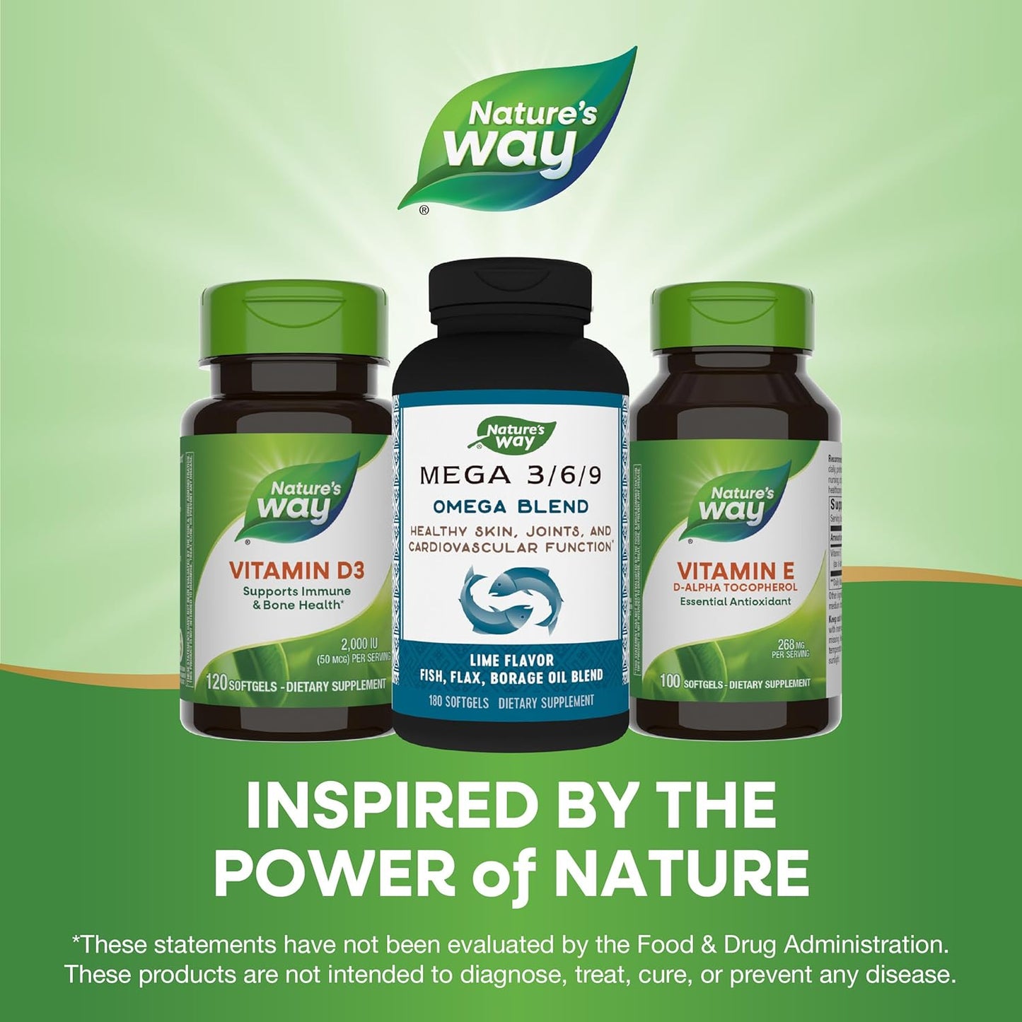 Non-GMO Nature's Way Mega 3/6/9 Omega Blend with Fish, Flax, Borage Oils - Lime Flavor, 180 Count