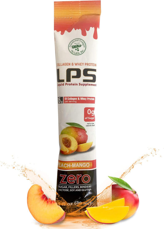 Non-GMO Peach Mango Liquid Collagen & Whey Protein Supplement - 100 Packets, Sugar-Free Drink for Healthy Skin & Hair