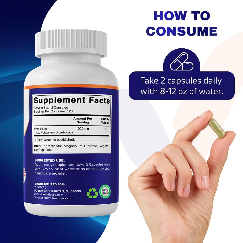 Non-GMO Potassium Supplement 1020mg - 240 Veg Capsules - Gluten Free - USA Made