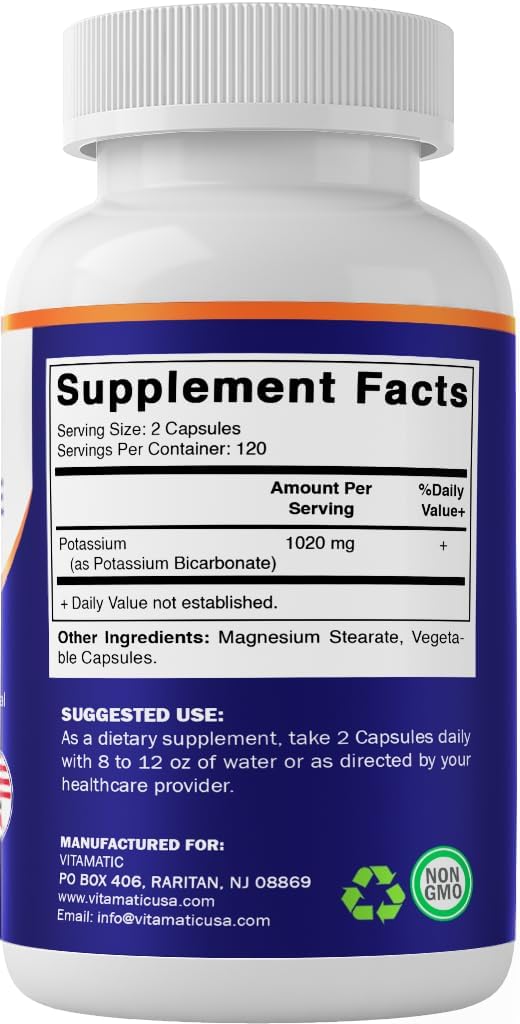 Non-GMO Potassium Supplement 1020mg - 240 Veg Capsules - Gluten Free - USA Made