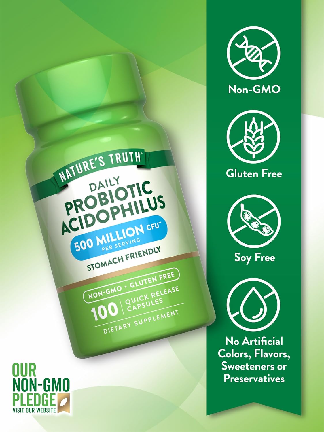 Non-GMO Probiotic Capsules for Men and Women | 500 Million CFU | 100 Count Bottle | Gluten-Free Supplement
