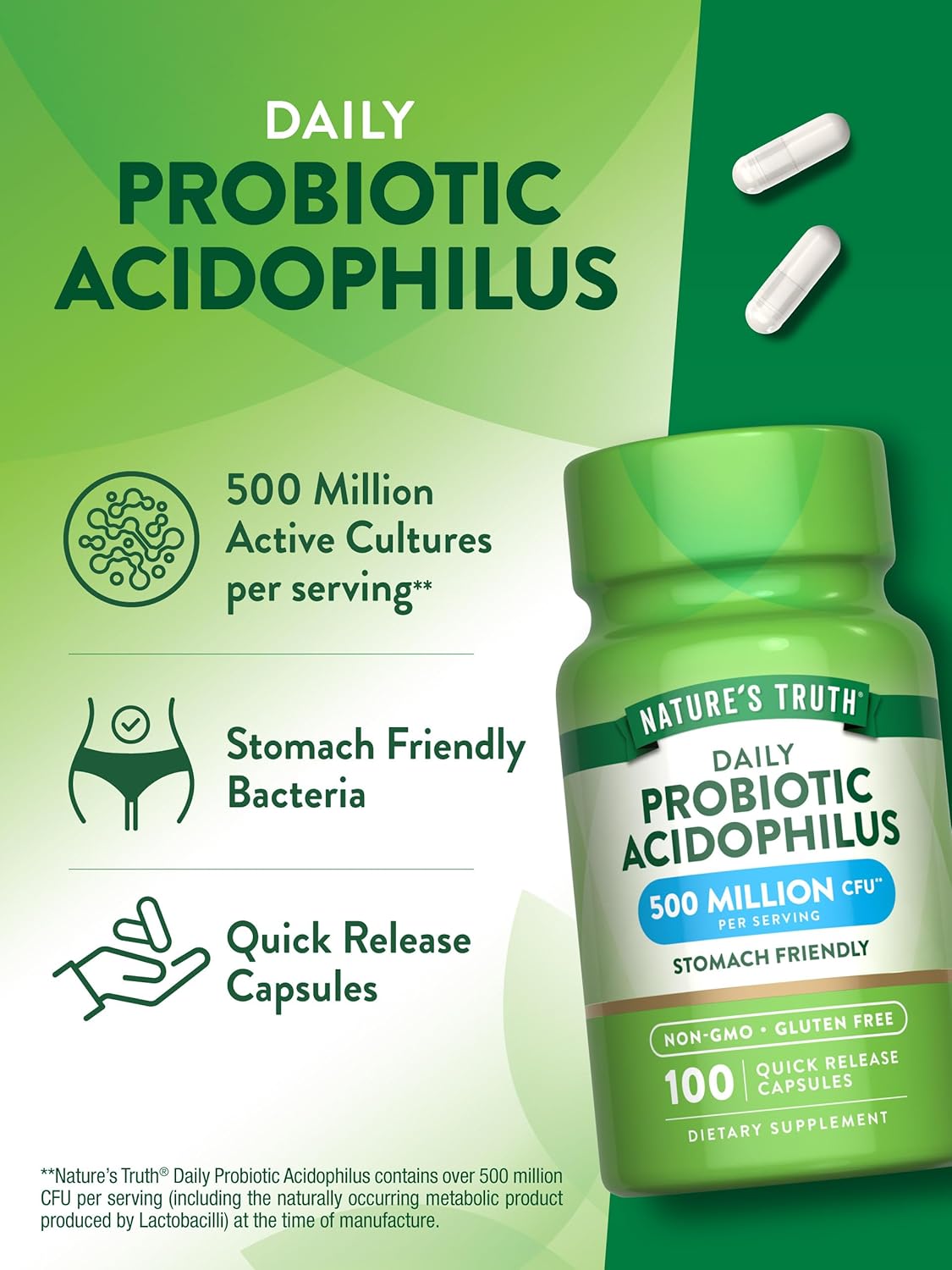Non-GMO Probiotic Capsules for Men and Women | 500 Million CFU | 100 Count Bottle | Gluten-Free Supplement