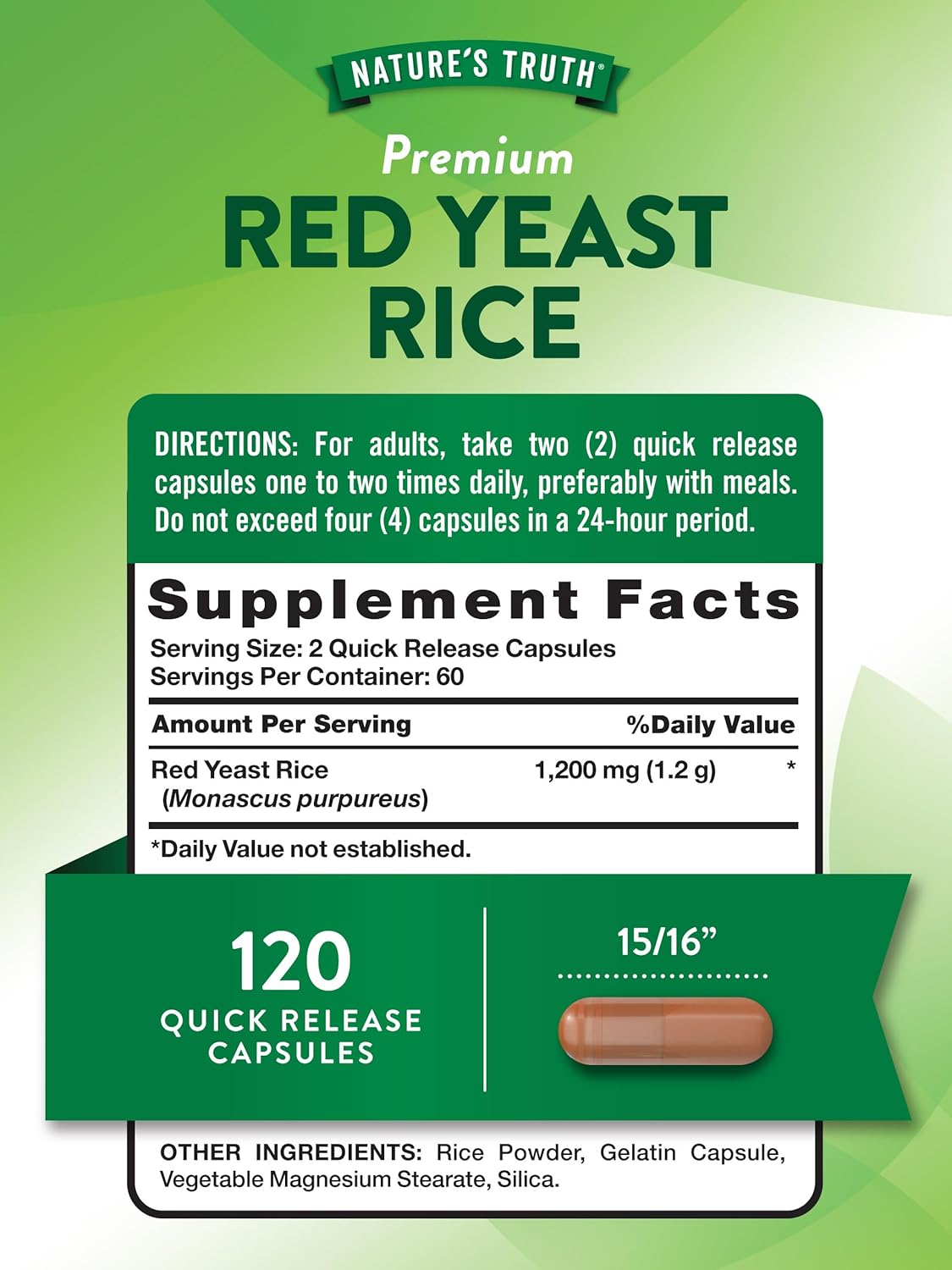 Non-GMO Red Yeast Rice Capsules 1200mg | 120 Count | Gluten Free Dietary Supplement by Nature's Truth - BoostGo Australia