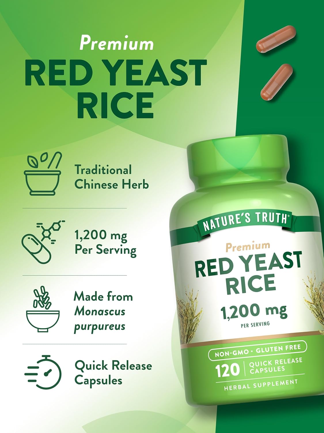 Non-GMO Red Yeast Rice Capsules 1200mg | 120 Count | Gluten Free Dietary Supplement by Nature's Truth - BoostGo Australia