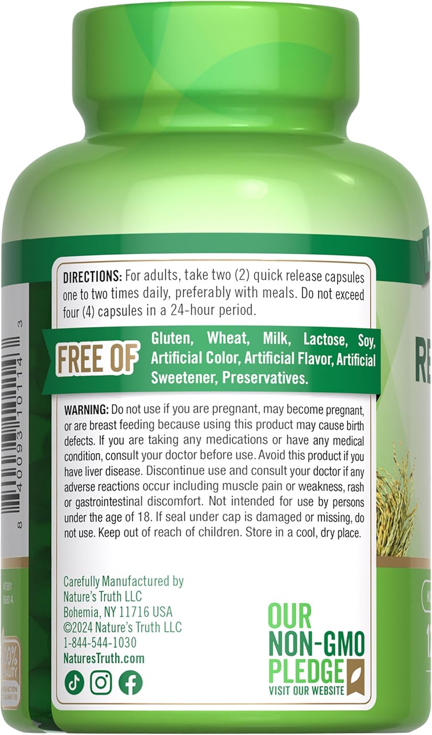 Non-GMO Red Yeast Rice Capsules 1200mg | 120 Count | Gluten Free Dietary Supplement by Nature's Truth - BoostGo Australia