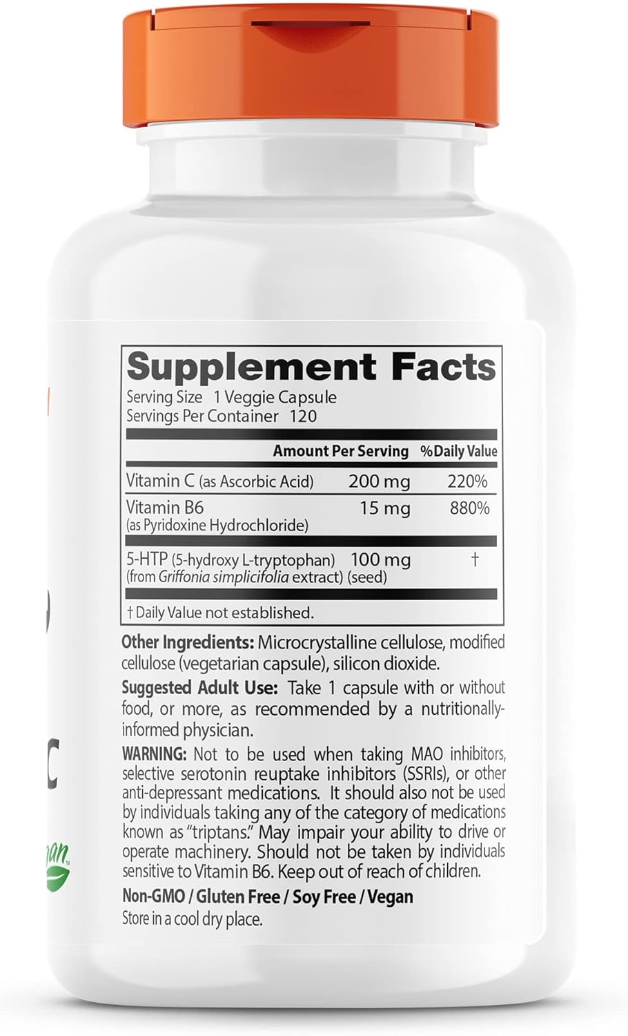 Non-GMO Vegan 5-HTP with Vitamins B6 & C, Gluten & Soy Free - 240 Count