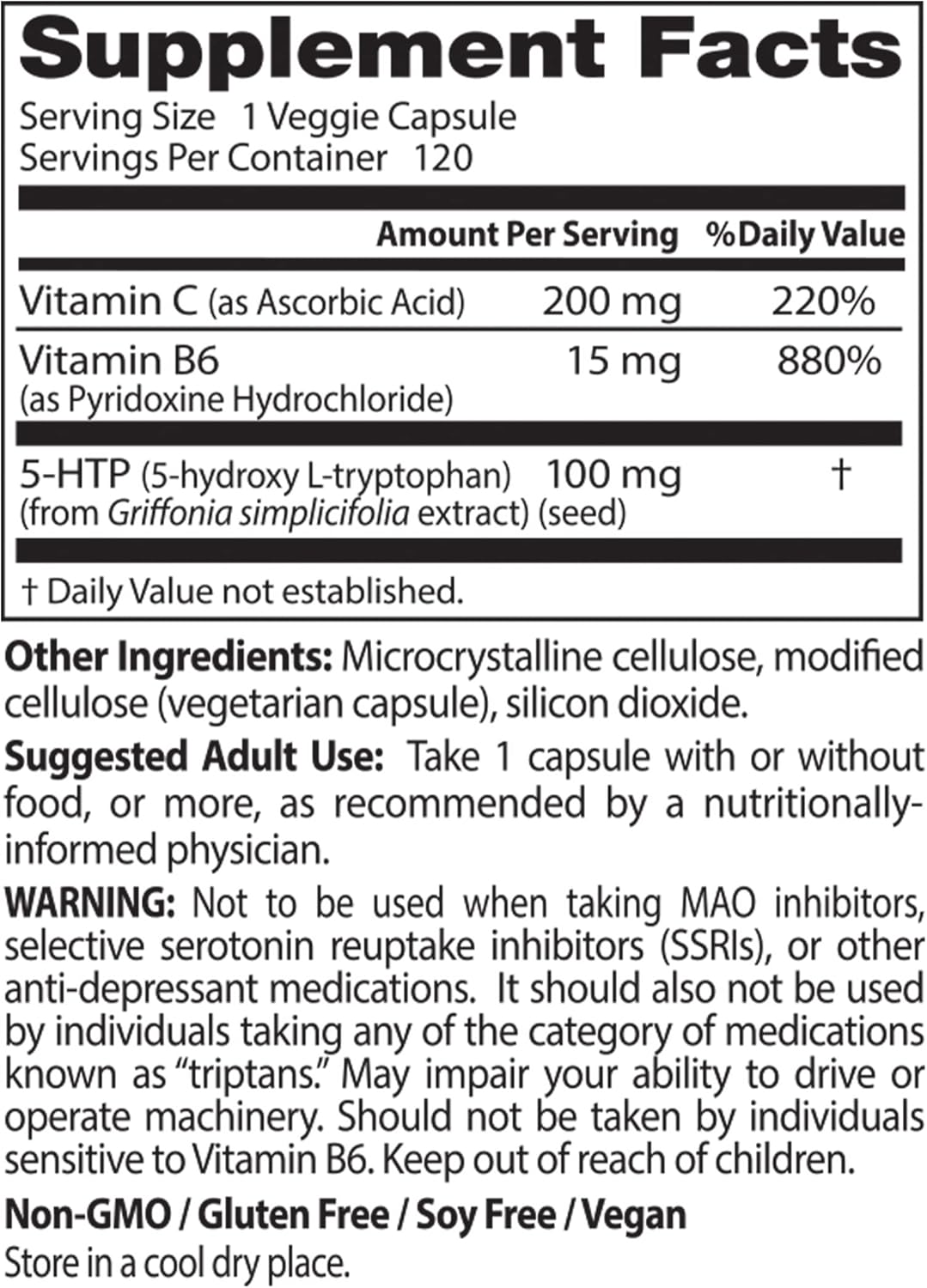 Non-GMO Vegan 5-HTP with Vitamins B6 & C, Gluten & Soy Free - 240 Count