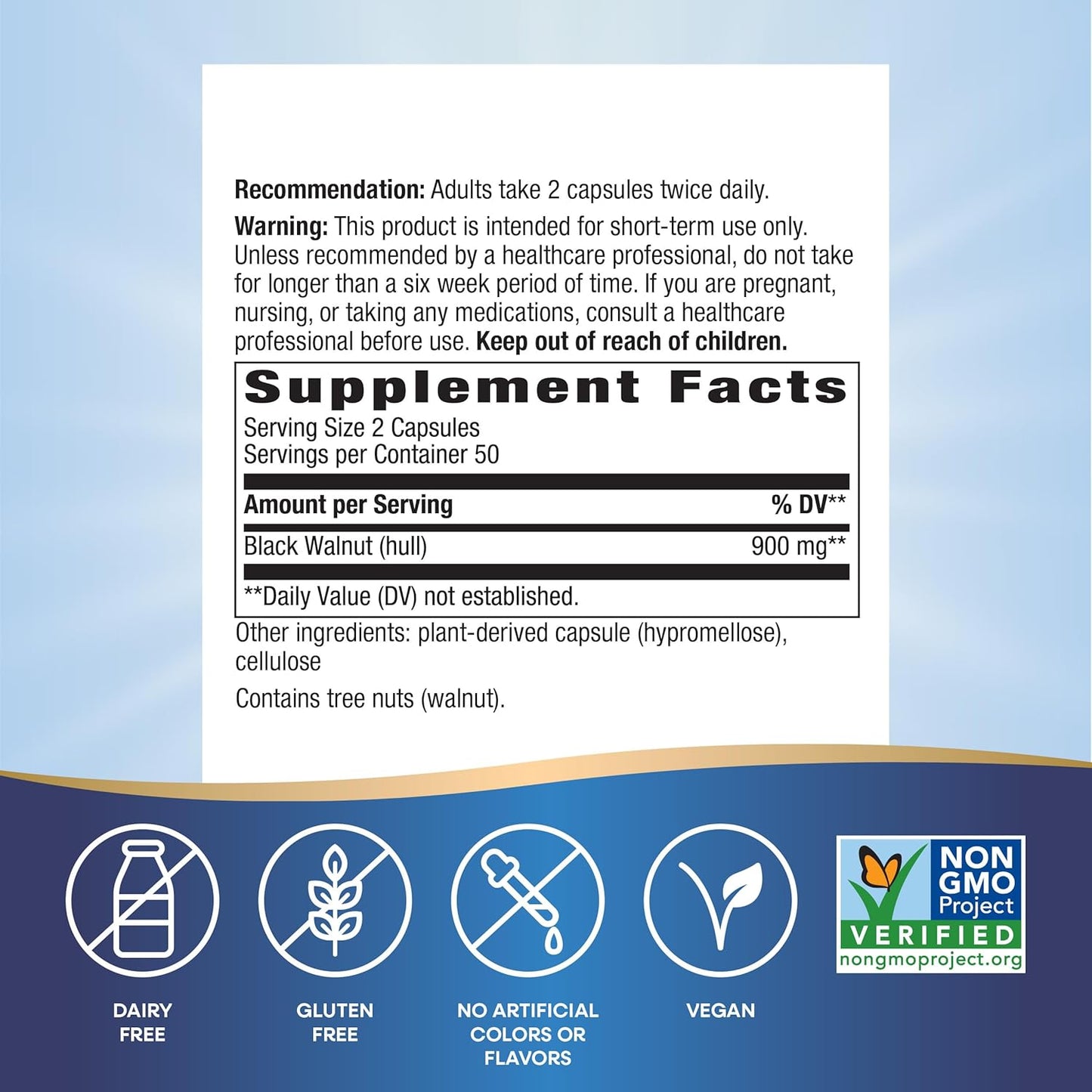 Non-GMO Vegan Black Walnut Hulls Digestive Tract Tonic, 900mg, 100 Capsules - Pack of 2