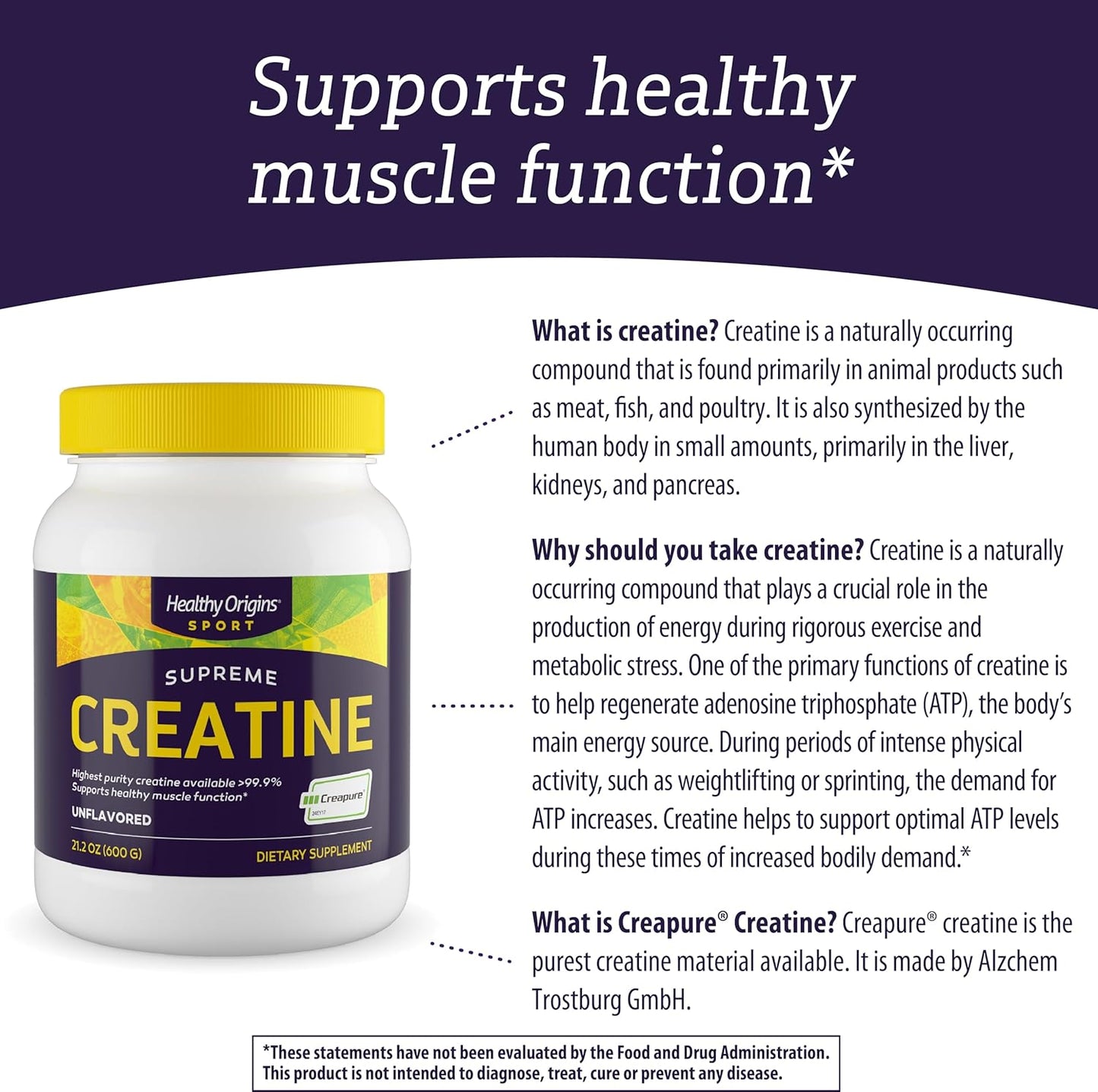 Non-GMO Vegan Creatine Supplement for Muscle Support - Unflavored Creapure Powder by Healthy Origins, 21.2 Oz