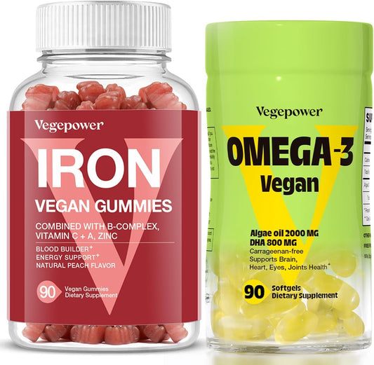 Non-GMO Vegan Iron Gummies with Algae Omega-3 DHA - Top Vitamin Supplement for Men & Women, Gluten-Free