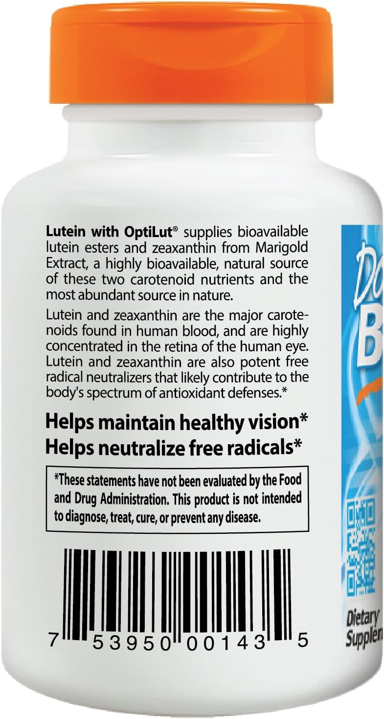 Non-GMO Vegan Lutein Capsules for Eye Health - 10 mg, 120 Caps - Doctor's Best OptiLut Formula, Gluten & Soy Free