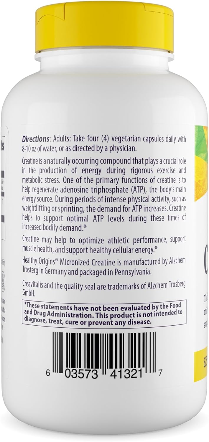 Non-GMO Vegan Micronized Creatine 625mg Capsules for Muscle Support by Healthy Origins - 240 Count