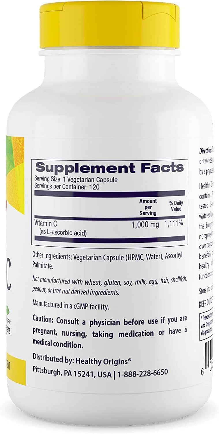 Non-GMO Vegan Vitamin C 1000mg - Immune Support & Cell Function - Gluten-Free Supplement - 120 Veg Capsules