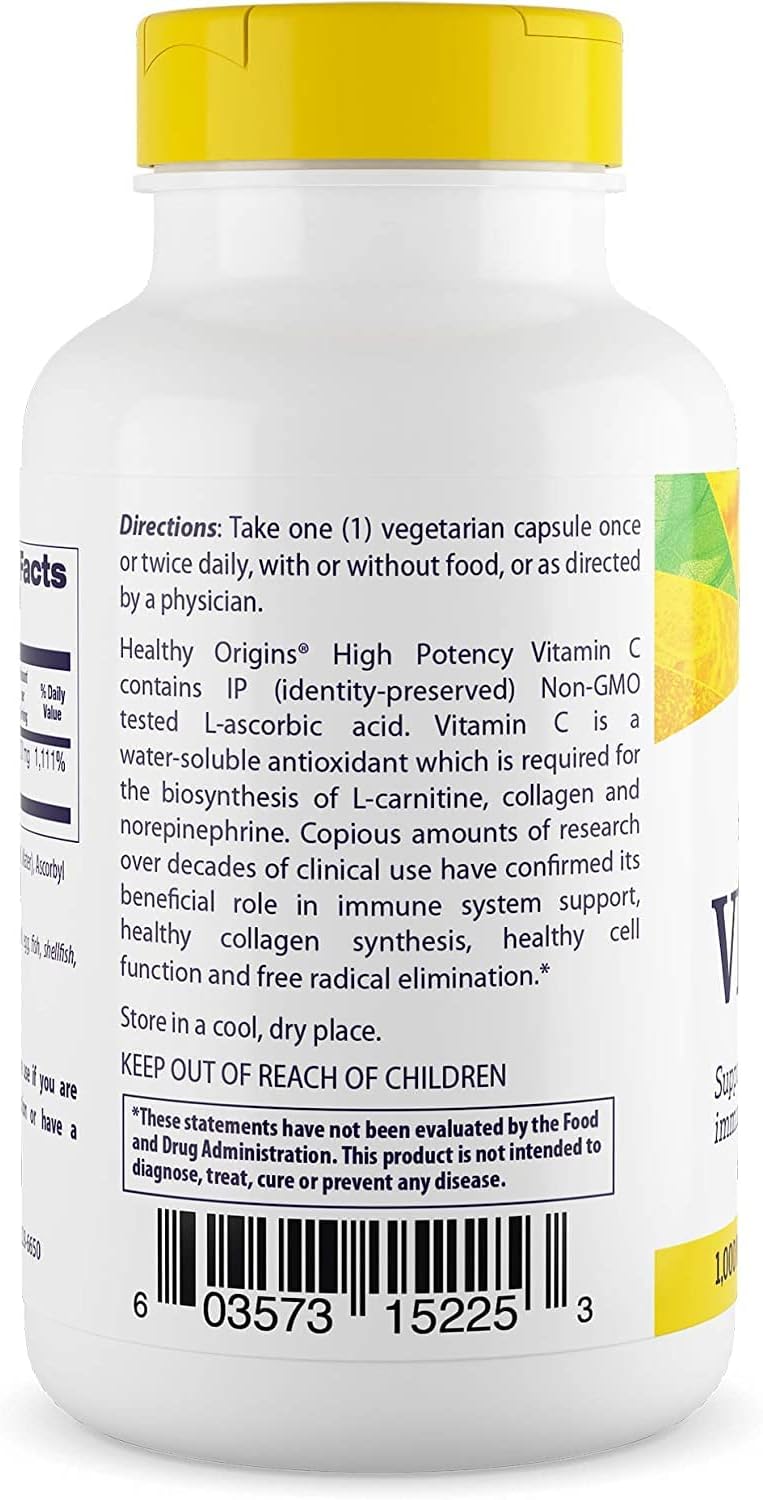 Non-GMO Vegan Vitamin C 1000mg - Immune Support & Cell Function - Gluten-Free Supplement - 120 Veg Capsules