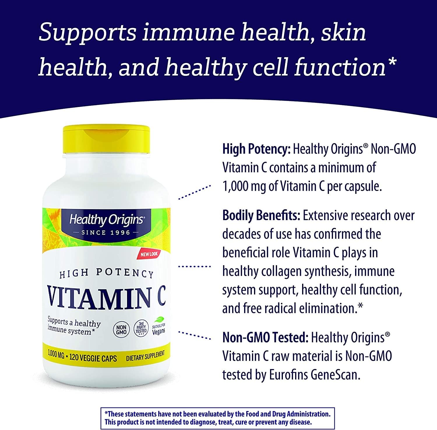 Non-GMO Vegan Vitamin C 1000mg - Immune Support & Cell Function - Gluten-Free Supplement - 120 Veg Capsules