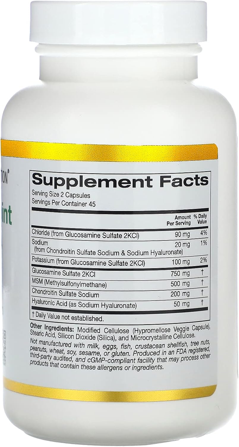 Non-GMO Vegetarian Joint & Bone Support Formula with Glucosamine, Chondroitin, MSM, Hyaluronic Acid - 90 Veg Caps