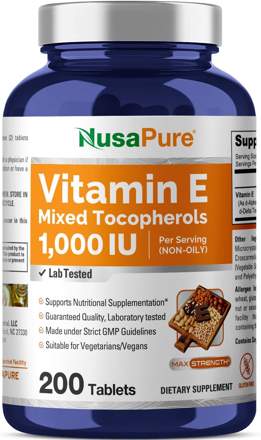 Non-GMO Vitamin E 1000 IU Tablets with Mixed Tocopherols - 200 Count, Gluten-Free by NusaPure