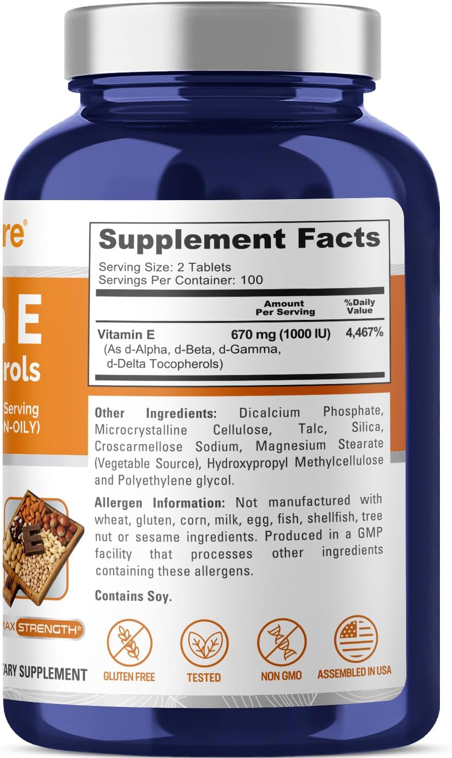 Non-GMO Vitamin E 1000 IU Tablets with Mixed Tocopherols - 200 Count, Gluten-Free by NusaPure