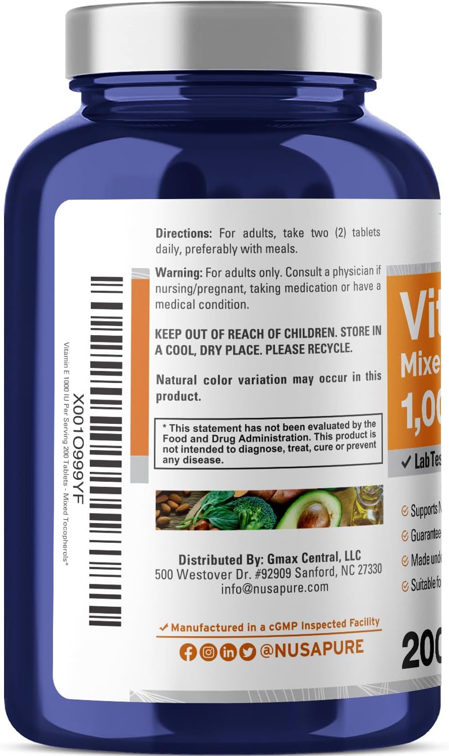 Non-GMO Vitamin E 1000 IU Tablets with Mixed Tocopherols - 200 Count, Gluten-Free by NusaPure