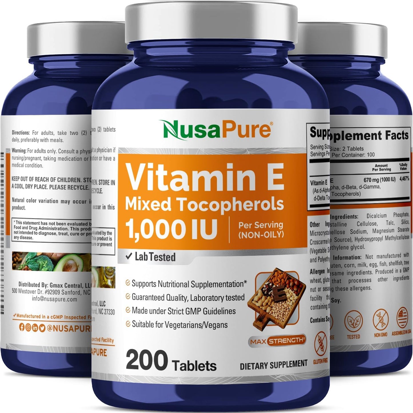 Non-GMO Vitamin E 1000 IU Tablets with Mixed Tocopherols - 200 Count, Gluten-Free by NusaPure