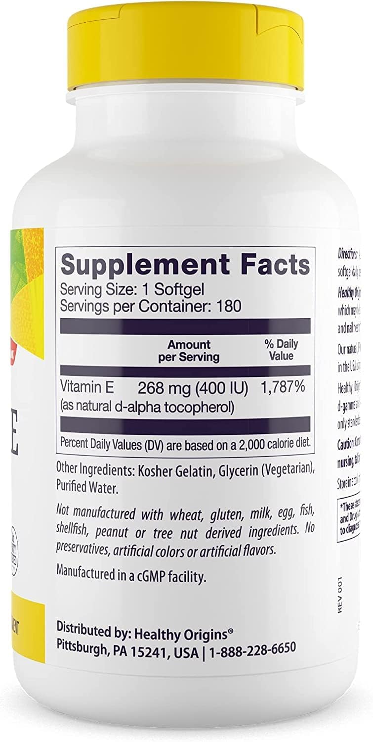 Non-GMO Vitamin E Supplement with Mixed Tocopherols - 400 IU - Skin, Hair, Nails - 180 Softgels - Gluten-Free