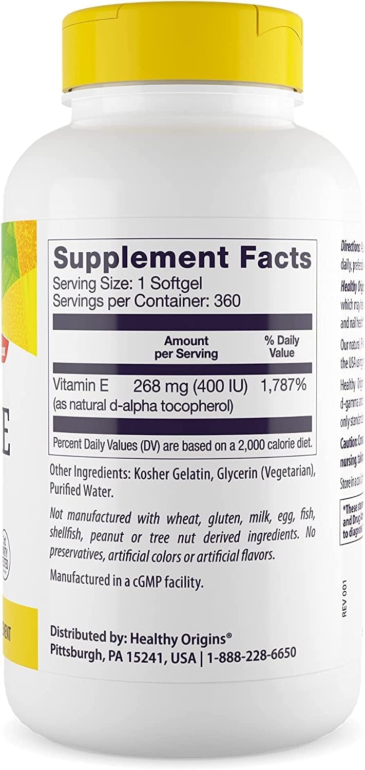 Non-GMO Vitamin E Supplement with Mixed Tocopherols - 400 IU Skin, Hair, & Nails Support - 360 Softgels - Gluten-Free