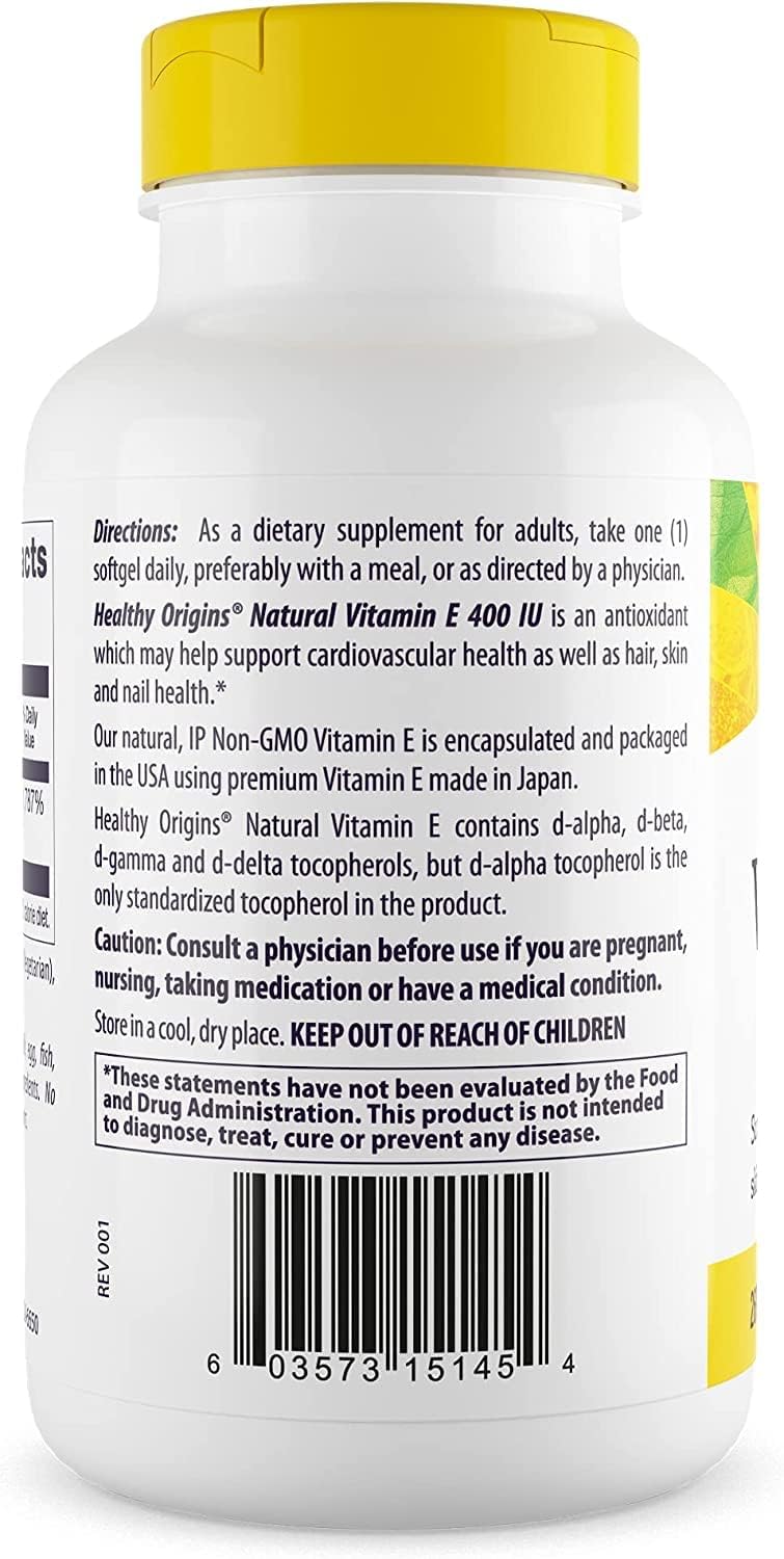 Non-GMO Vitamin E Supplement with Mixed Tocopherols - 400 IU - Skin, Hair, Nails - 180 Softgels - Gluten-Free