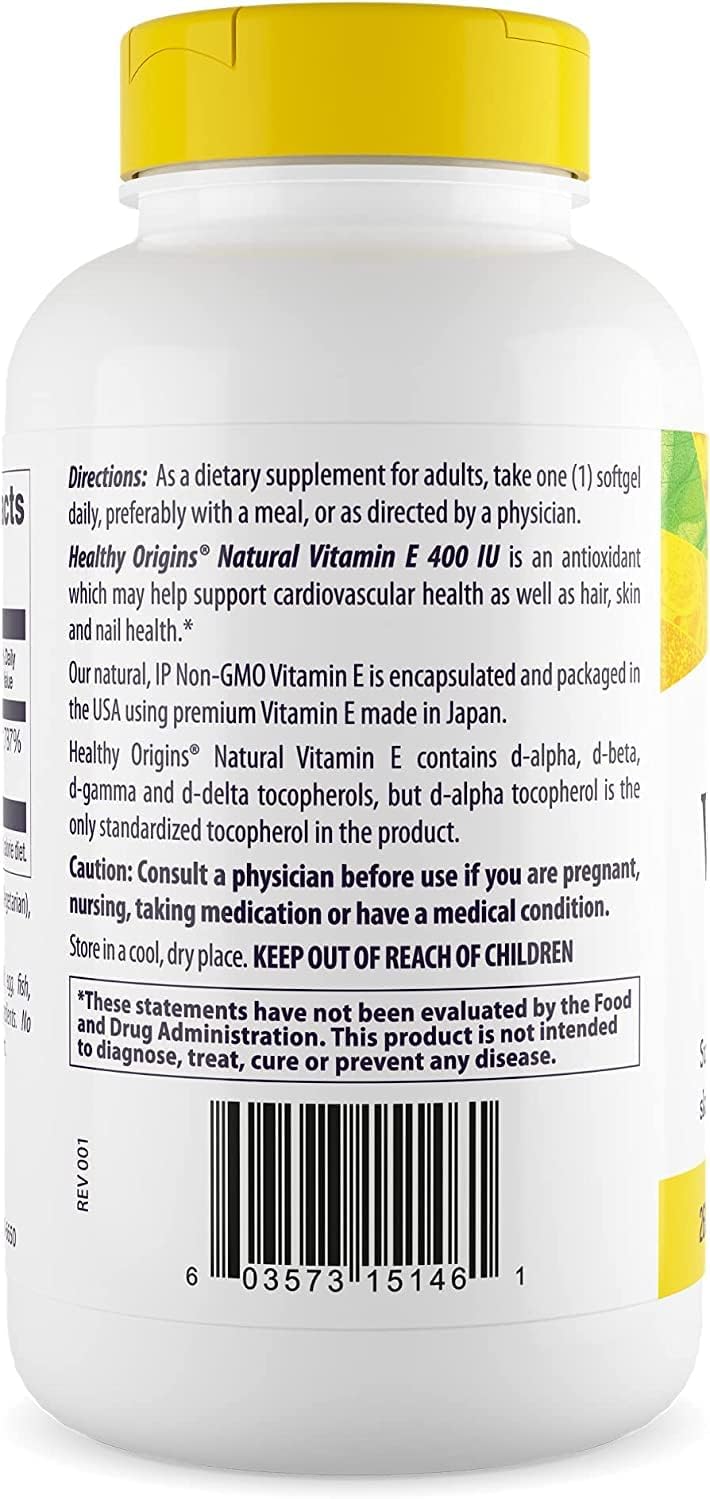 Non-GMO Vitamin E Supplement with Mixed Tocopherols - 400 IU Skin, Hair, & Nails Support - 360 Softgels - Gluten-Free